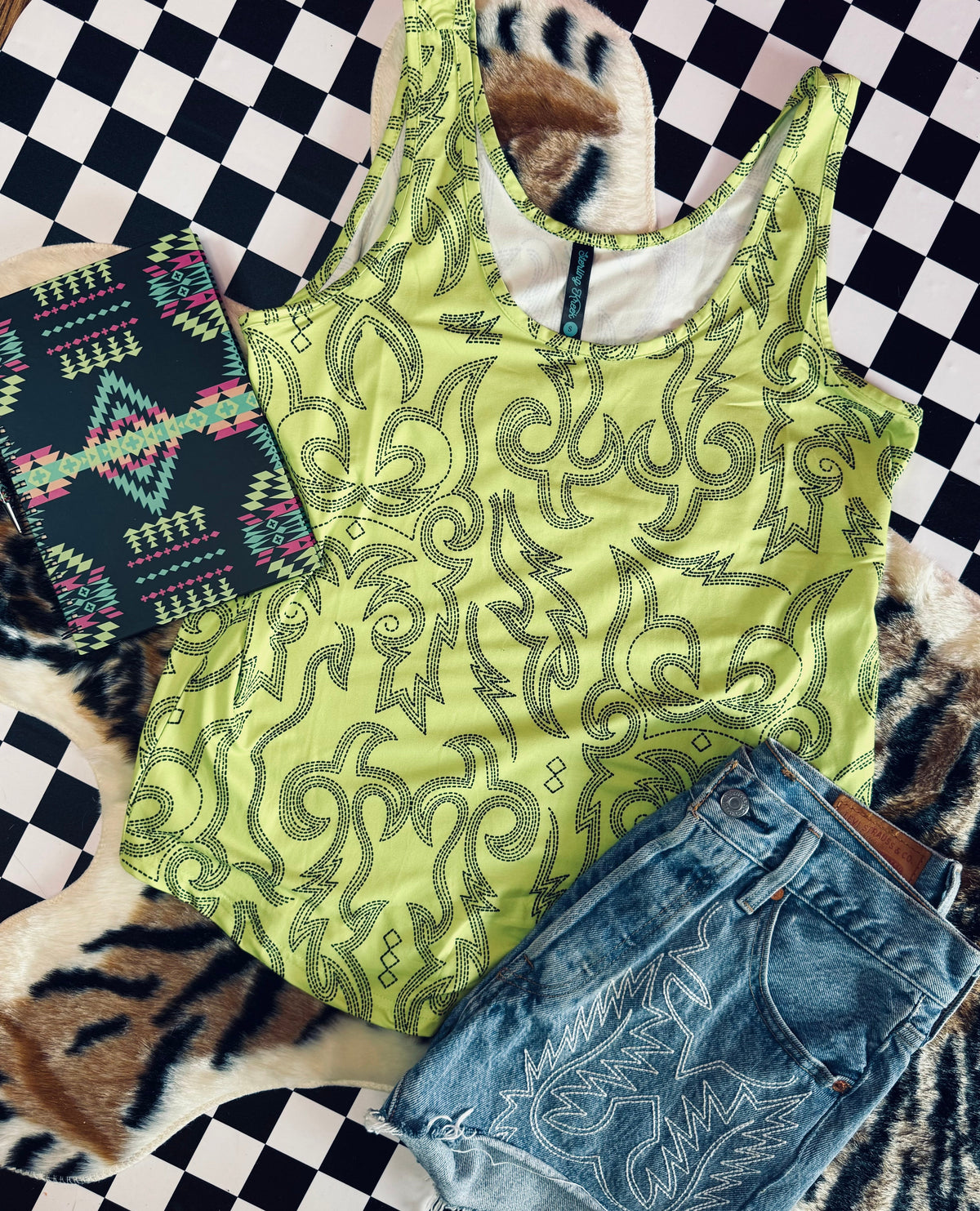 Light it up neon yellow boot stitch tank top