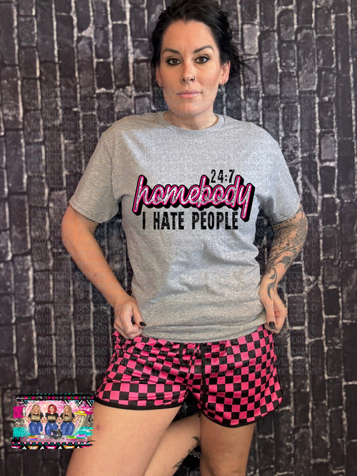 24:7 HOMEBODY I HATE PEOPLE pink and black checkered on product image 1