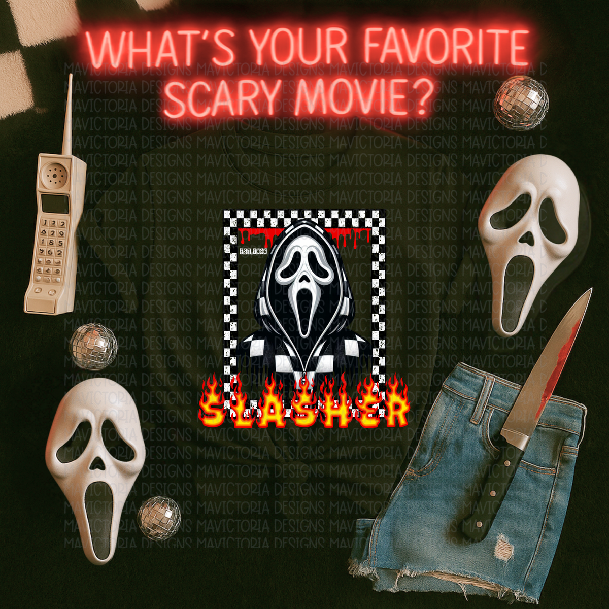 Slasher checkered ghostface ghost face on black graphic product image 1