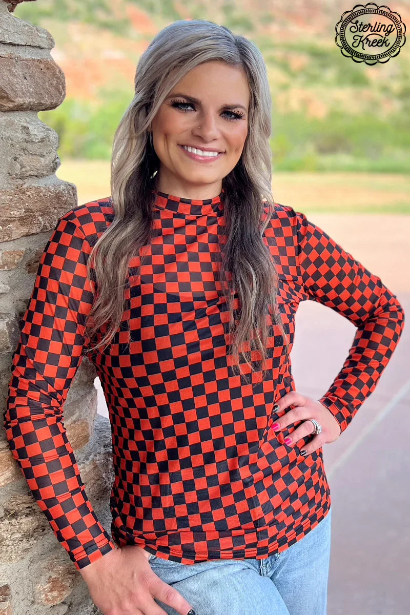 Orange and black checkered long sleeve mesh