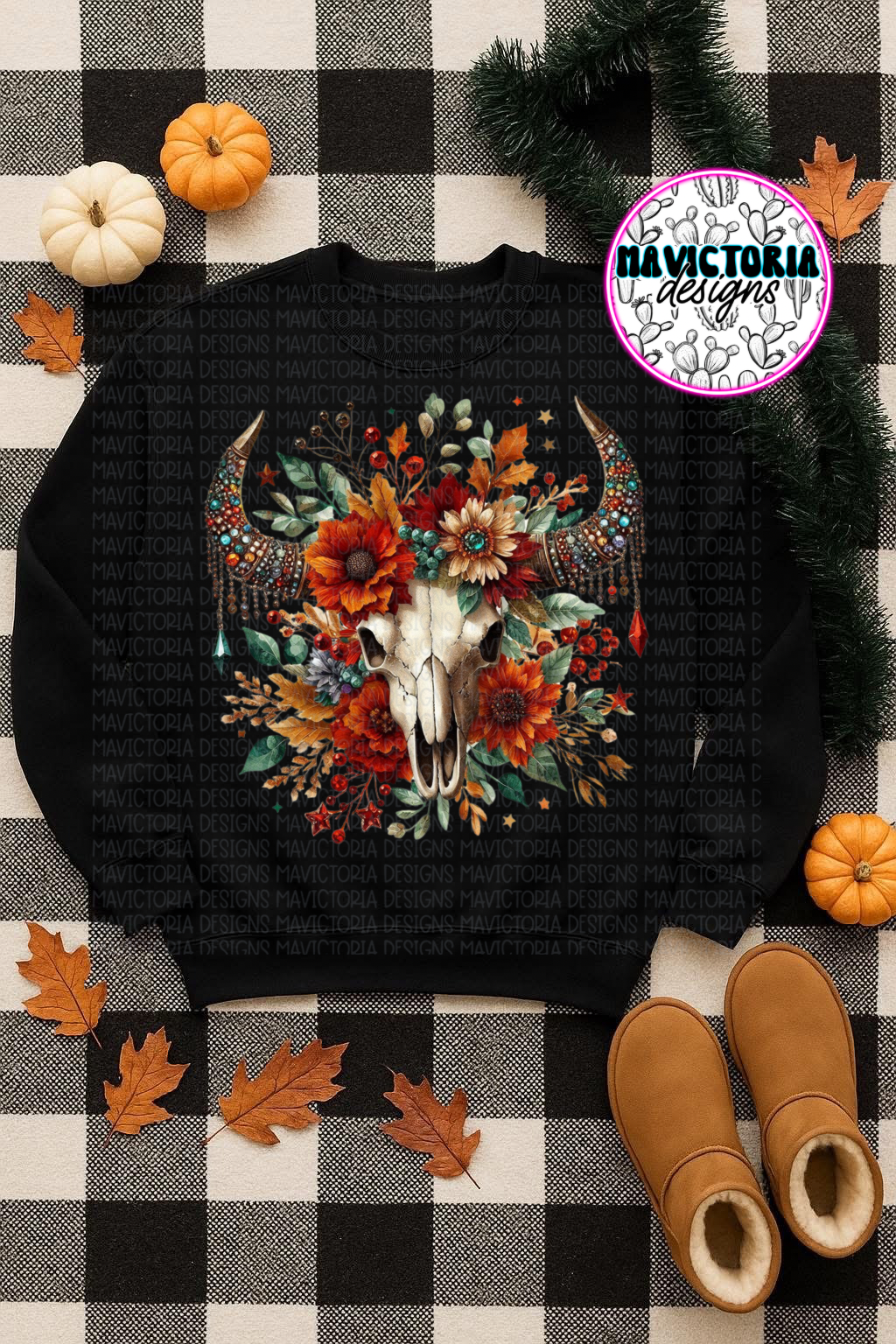 Rhinestone fall floral bullskull bull skull on black product image 1