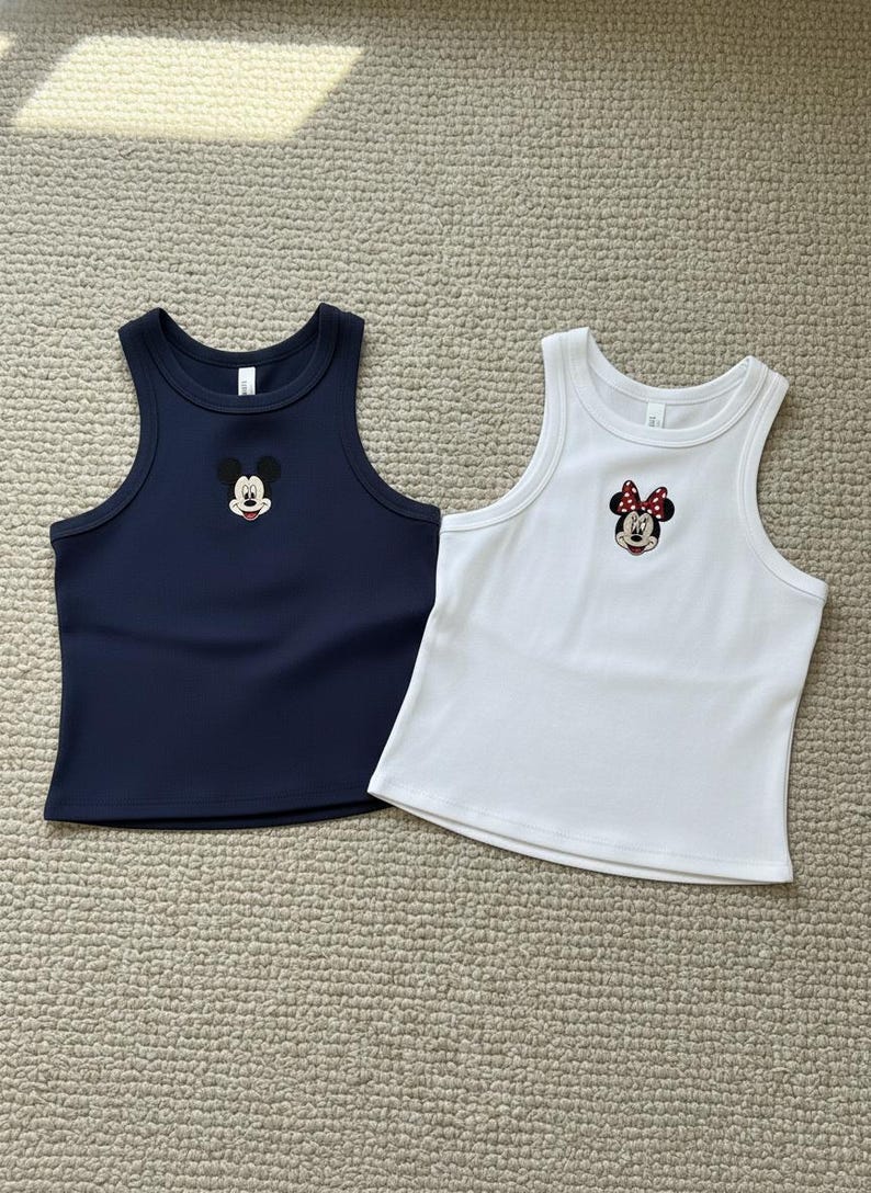 Embroidery Mickey & Friends Crop Ribbed Tank Top, Simple Mouse Brown Baby Tee, Disneyworld Y2K, Girly Aesthetic Disney Magic Kingdom Tee