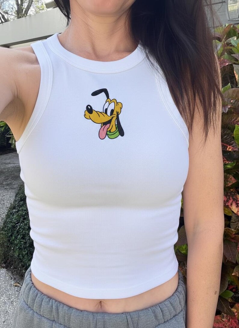 Embroidery Mickey & Friends Crop Ribbed Tank Top, Simple Mouse Brown Baby Tee, Disneyworld Y2K, Girly Aesthetic Disney Magic Kingdom Tee