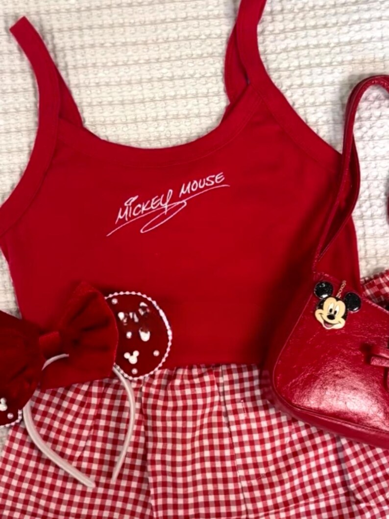 Mickey and Minnie Mouse Embroidered Spaghetti Strap Tank Top, Disney Autograph Ribbed Tank, Y2K Crop Tank, Summer Park Top, Disneyland Trip