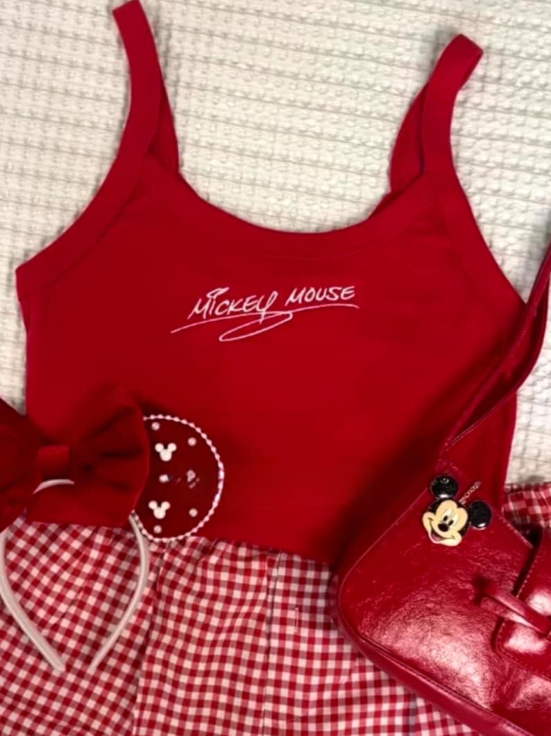 Mickey and Minnie Mouse Embroidered Spaghetti Strap Tank Top, Disney Autograph Ribbed Tank, Y2K Crop Tank, Summer Park Top, Disneyland Trip