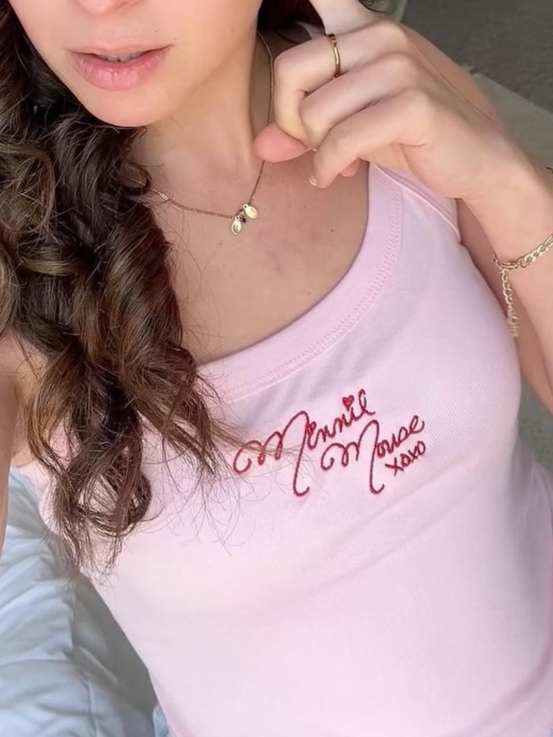 Mickey and Minnie Mouse Embroidered Spaghetti Strap Tank Top, Disney Autograph Ribbed Tank, Y2K Crop Tank, Summer Park Top, Disneyland Trip