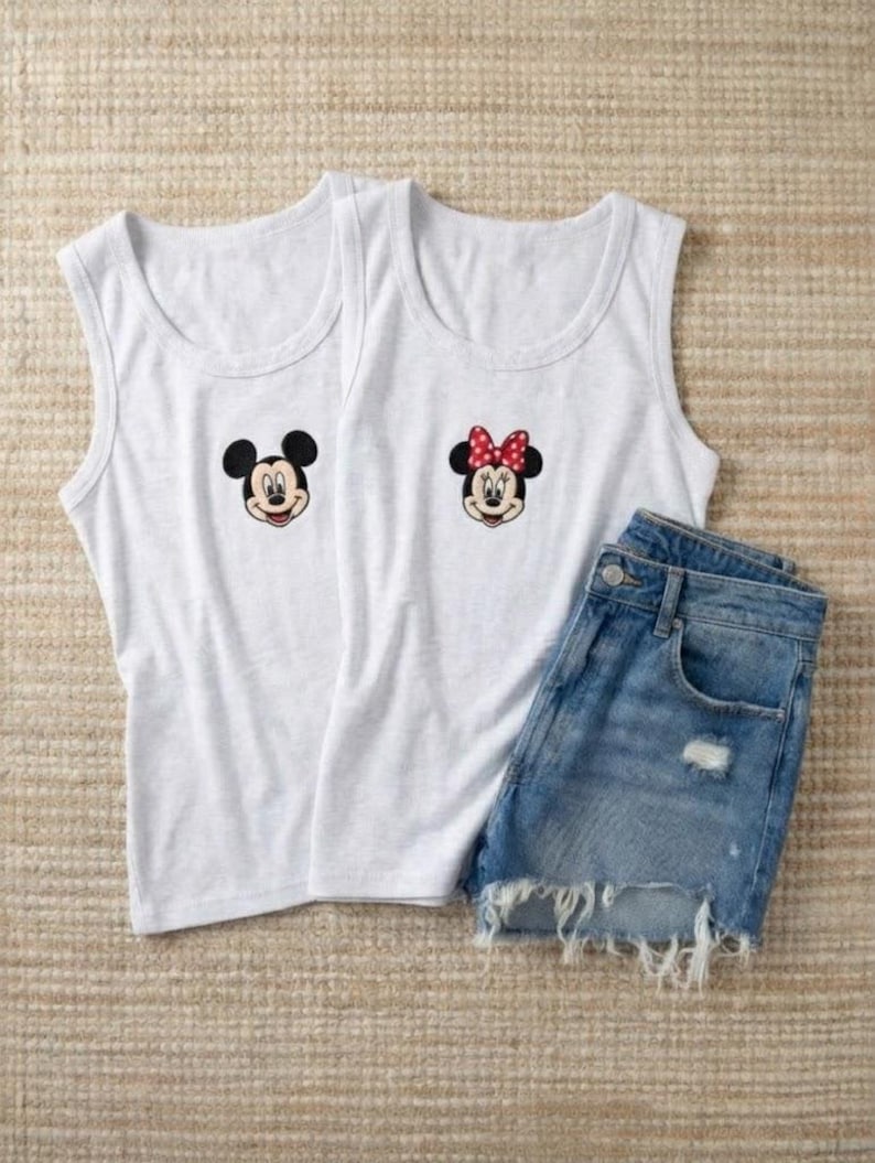 Vintage Disney Embroidered Tank Top, Loose Fit Minnie & Mickey Mouse Shirt, Retro Sleeveless Disney Top, Comfortable Disney Wear