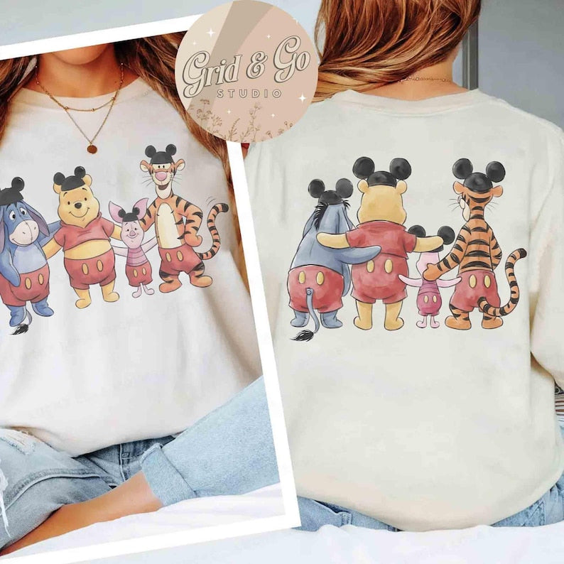 2-sided Disney Winnie the Pooh Mickey Ears Hat T-shirt, Pooh Tigger Piglet Eeyore Tee, Gift For Friends, Magic Kingdom, WDW Family Trip Tee