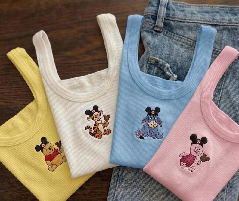 Disney Winnie The Pooh Embroidered Tank Top, Pooh Tigger Piglet Eeyore Watercolor Shirt, Group Matching Disney Tee