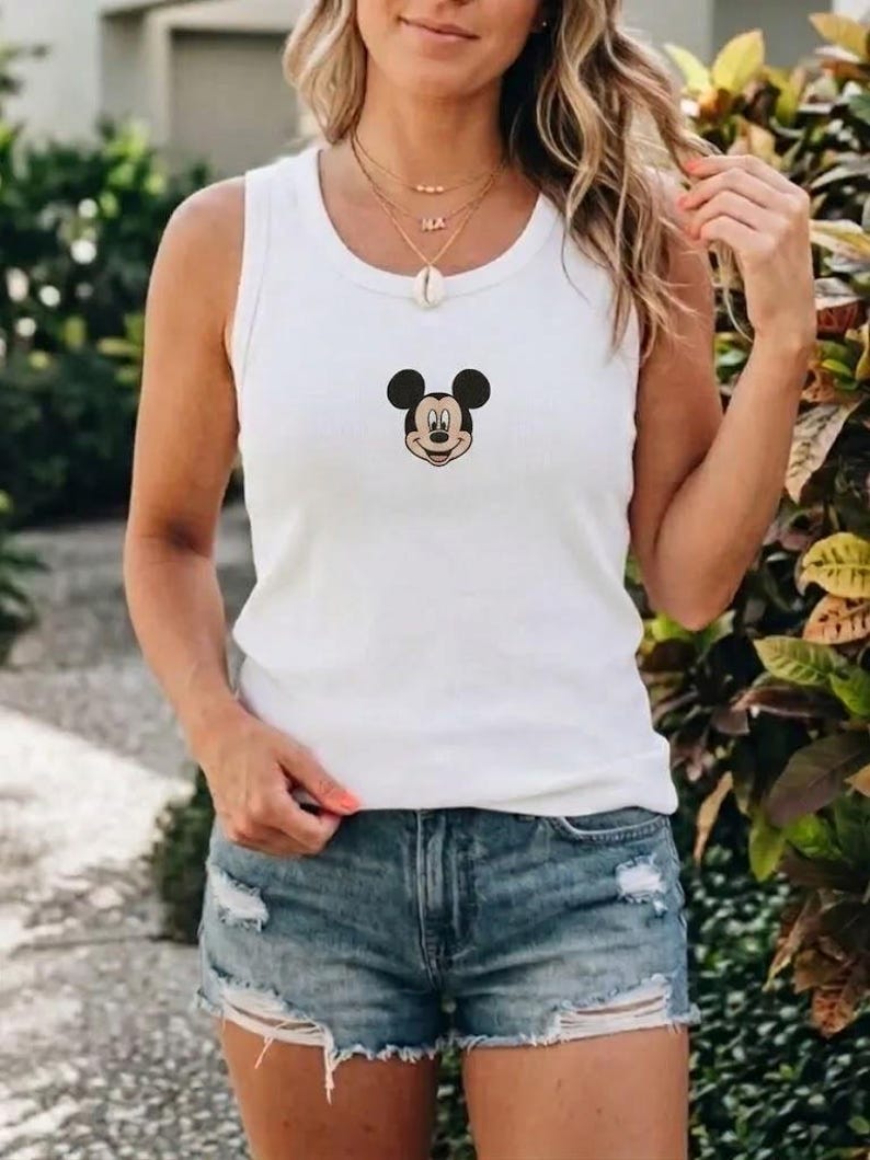 Custom Disney Characters Embroidered Tank Top, Loose Fit Minnie & Mickey Mouse Shirt, Retro Sleeveless Disney Top, Comfortable Disney Wear