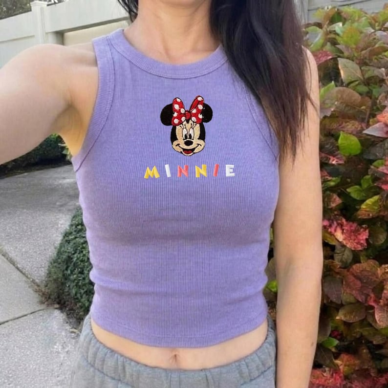 Embroidery Mickey Minnie Crop Tank Top, Simple Mouse Brown Baby Tee, Disneyworld Y2K, WDW Trip, Girly Aesthetic Disney Magic Kingdom Tee