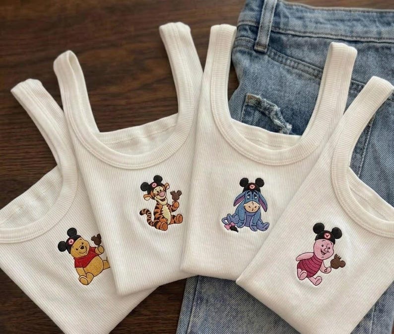 Disney Winnie The Pooh Embroidered Tank Top, Pooh Tigger Piglet Eeyore Watercolor Shirt, Group Matching Disney Tee