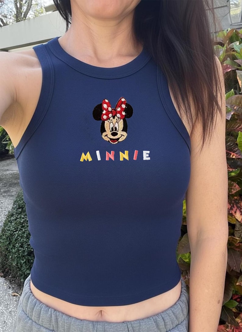 Embroidery Mickey Minnie Crop Tank Top, Simple Mouse Brown Baby Tee, Disneyworld Y2K, WDW Trip, Girly Aesthetic Disney Magic Kingdom Tee