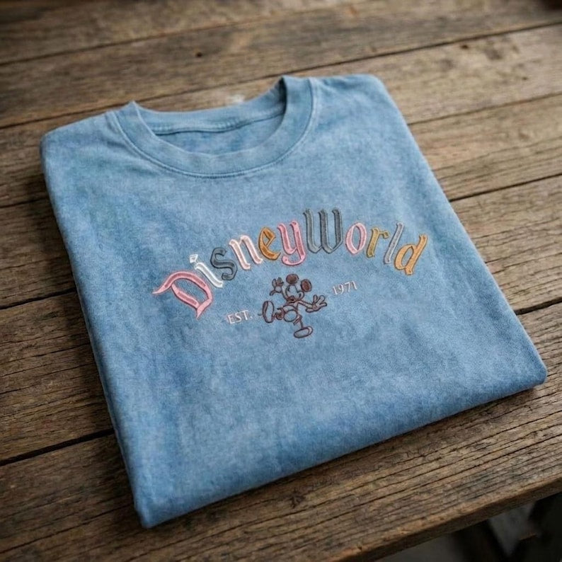 Disney World Embroidered Washed Shirt, Retro Mickey Mouse 1971 Crewneck T-Shirt, Disneyland Vacation Shirt, Retro Disney Park Outfit