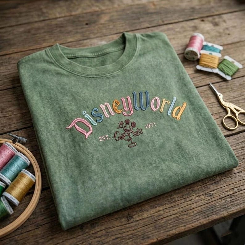 Disney World Embroidered Washed Shirt, Retro Mickey Mouse 1971 Crewneck T-Shirt, Disneyland Vacation Shirt, Retro Disney Park Outfit