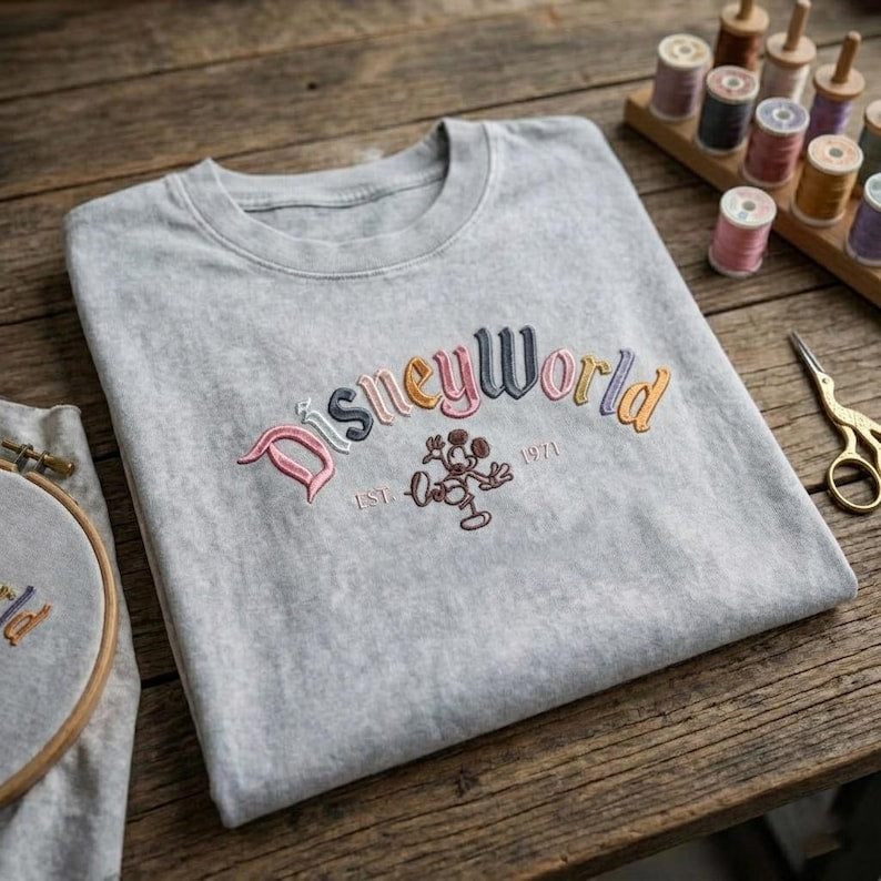 Disney World Embroidered Washed Shirt, Retro Mickey Mouse 1971 Crewneck T-Shirt, Disneyland Vacation Shirt, Retro Disney Park Outfit