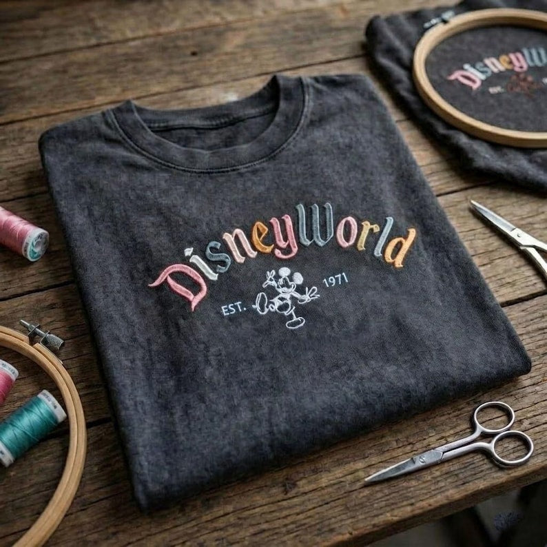 Disney World Embroidered Washed Shirt, Retro Mickey Mouse 1971 Crewneck T-Shirt, Disneyland Vacation Shirt, Retro Disney Park Outfit