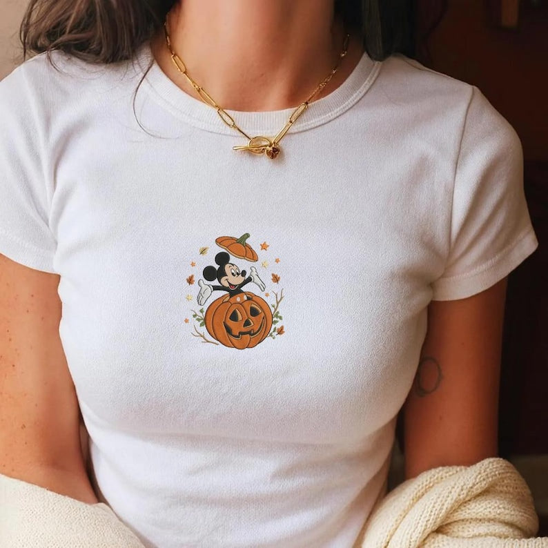 EMBROIDERED Mickey and Friends Autumn Pumpkin Tank Top, Fall Vibes Embroidered Boxy Tee, Disney Halloween Shirt, Halloween Trip Tee