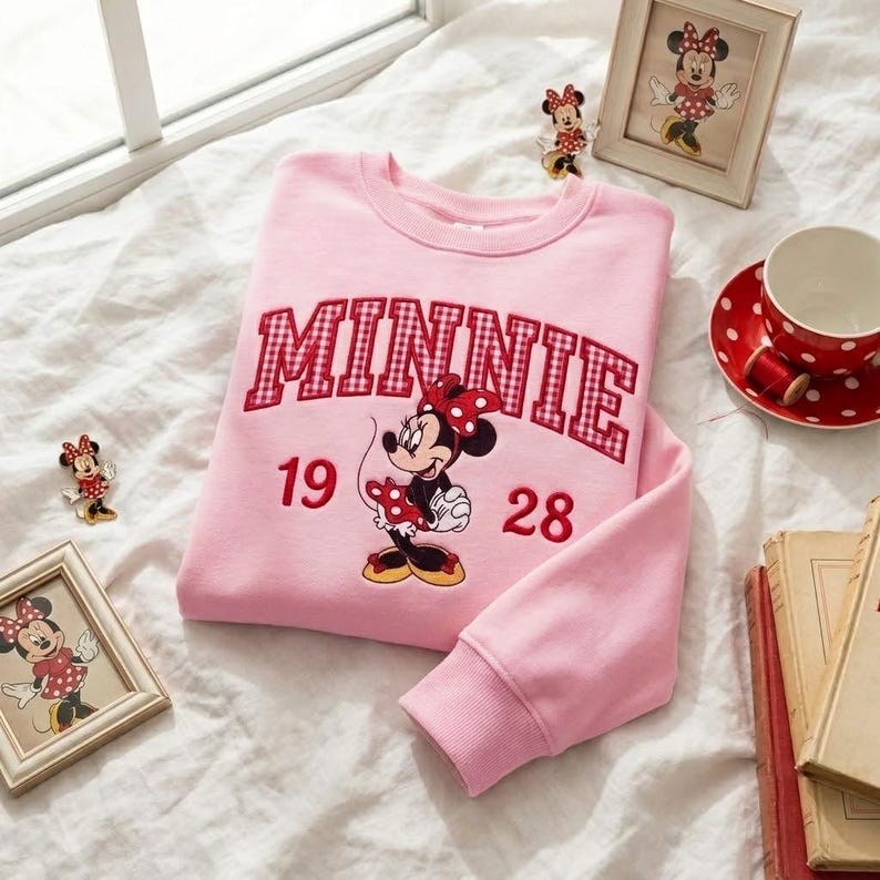 Embroidered Custom Mouse and Friends Sweatshirt, Gingham Applique Crewneck, Family Matching Vacation Shirts, Couple Mickey and Minnie Shirts
