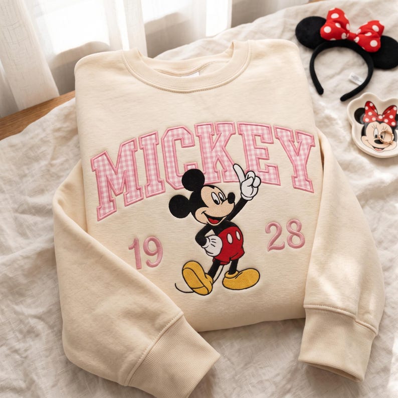 Embroidered Custom Mouse and Friends Sweatshirt, Gingham Applique Crewneck, Family Matching Vacation Shirts, Couple Mickey and Minnie Shirts