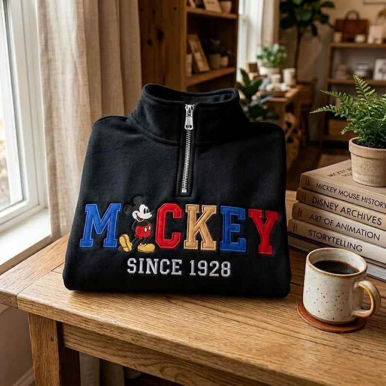 Embroidered Mickey Mouse Quarter Zip Sweatshirt, Retro Mickey Shirt, Mickey Est 1929 Shirt, Disneyworld Sweatshirt, Disneyland Sweatshirt