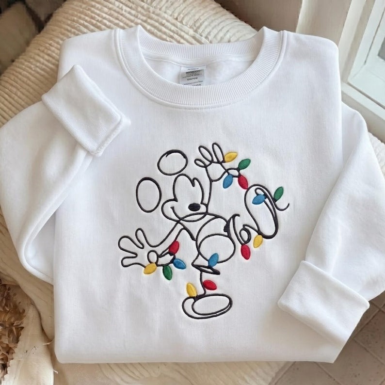 Embroidered Disney Christmas Sweatshirt, Mickey Xmas Lights Shirt, Disney Christmas Lights Sweater, Cute Holiday Disney Trip Gift
