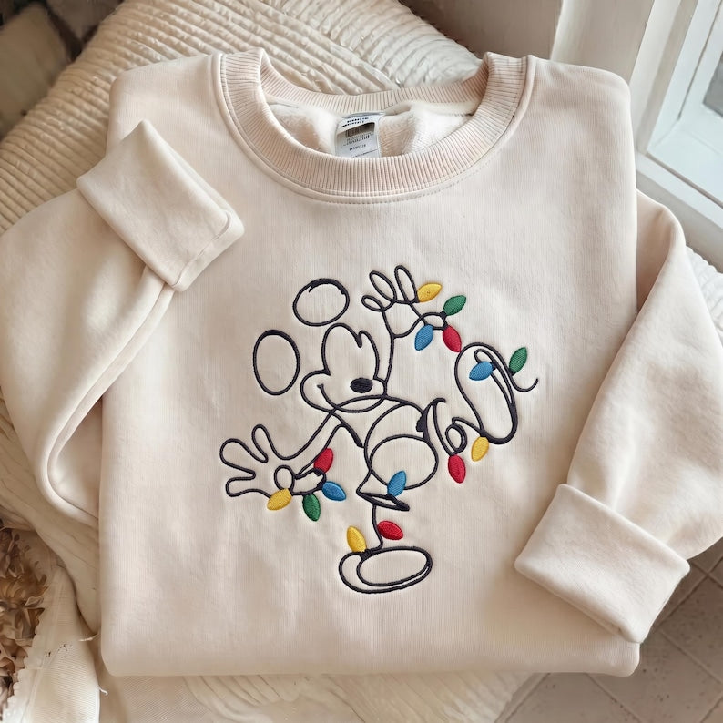 Embroidered Disney Christmas Sweatshirt, Mickey Xmas Lights Shirt, Disney Christmas Lights Sweater, Cute Holiday Disney Trip Gift