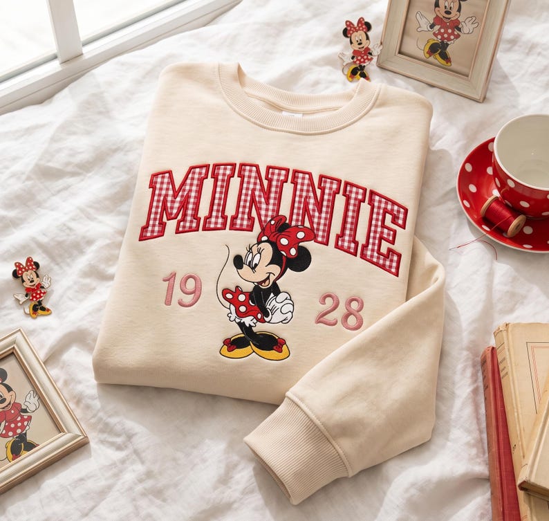 Embroidered Custom Mouse and Friends Sweatshirt, Gingham Applique Crewneck, Family Matching Vacation Shirts, Couple Mickey and Minnie Shirts