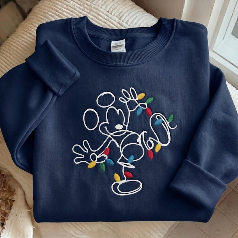 Embroidered Disney Christmas Sweatshirt, Mickey Xmas Lights Shirt, Disney Christmas Lights Sweater, Cute Holiday Disney Trip Gift