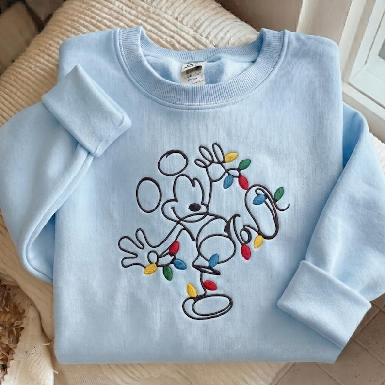 Embroidered Disney Christmas Sweatshirt, Mickey Xmas Lights Shirt, Disney Christmas Lights Sweater, Cute Holiday Disney Trip Gift