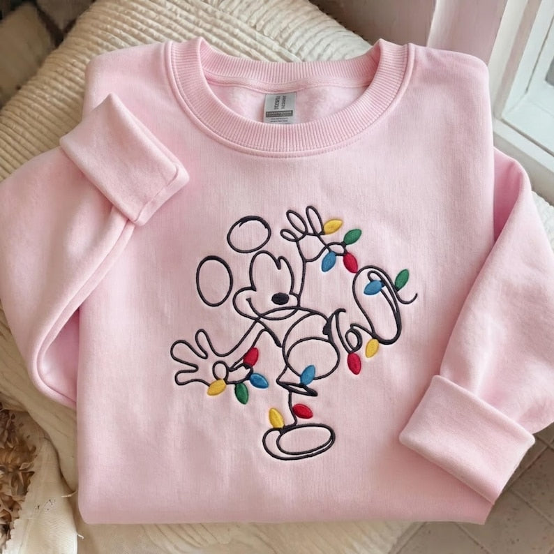 Embroidered Disney Christmas Sweatshirt, Mickey Xmas Lights Shirt, Disney Christmas Lights Sweater, Cute Holiday Disney Trip Gift