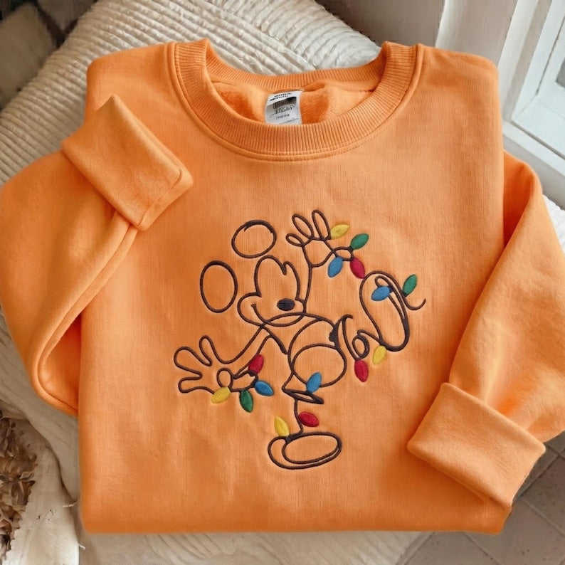 Embroidered Disney Christmas Sweatshirt, Mickey Xmas Lights Shirt, Disney Christmas Lights Sweater, Cute Holiday Disney Trip Gift