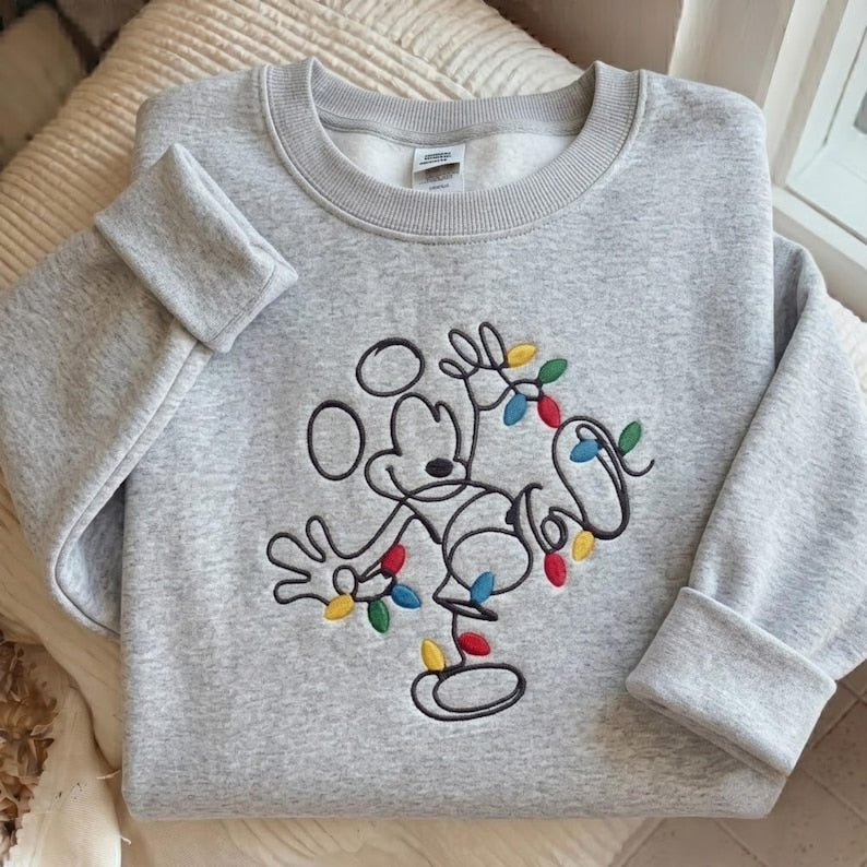 Embroidered Disney Christmas Sweatshirt, Mickey Xmas Lights Shirt, Disney Christmas Lights Sweater, Cute Holiday Disney Trip Gift