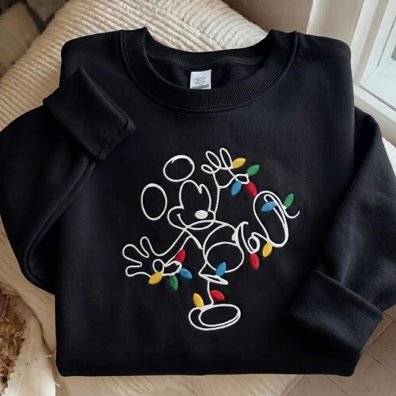 Embroidered Disney Christmas Sweatshirt, Mickey Xmas Lights Shirt, Disney Christmas Lights Sweater, Cute Holiday Disney Trip Gift