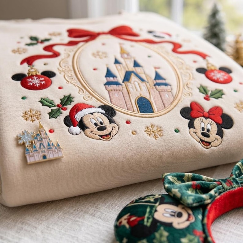 Embroidered Disney Christmas Sweatshirt, Mickey Mouse Castle Crewneck, Disney Christmas Trip Shirt, Coquette Bow Holiday Shirt, Magical Gift