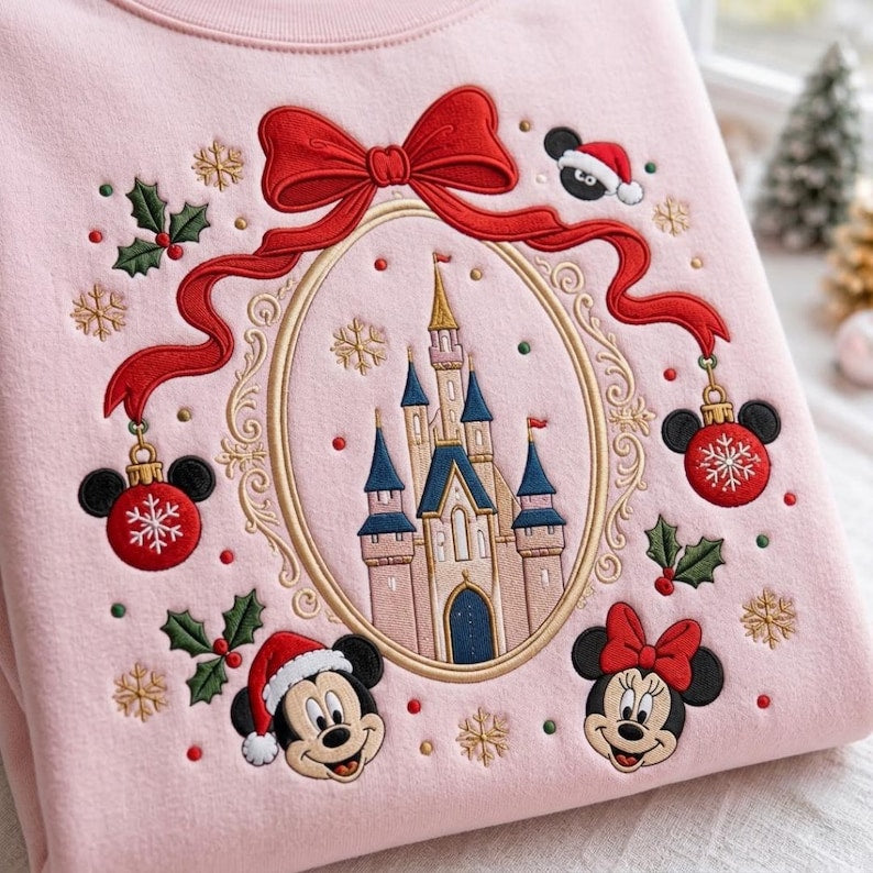 Embroidered Disney Christmas Sweatshirt, Mickey Mouse Castle Crewneck, Disney Christmas Trip Shirt, Coquette Bow Holiday Shirt, Magical Gift