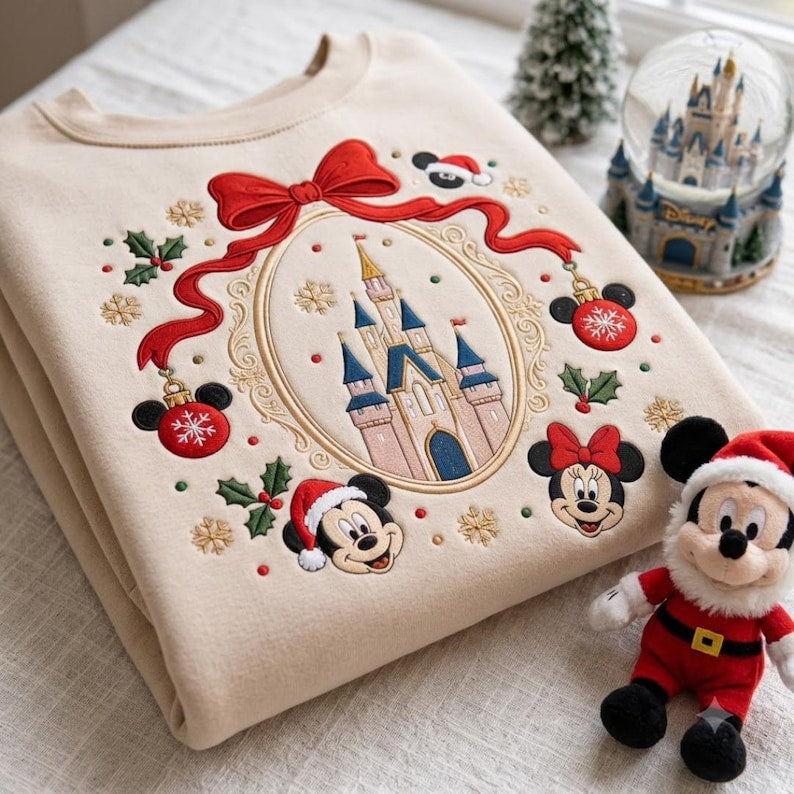 Embroidered Disney Christmas Sweatshirt, Mickey Mouse Castle Crewneck, Disney Christmas Trip Shirt, Coquette Bow Holiday Shirt, Magical Gift