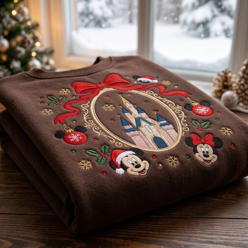 Embroidered Disney Christmas Sweatshirt, Mickey Mouse Castle Crewneck, Disney Christmas Trip Shirt, Coquette Bow Holiday Shirt, Magical Gift