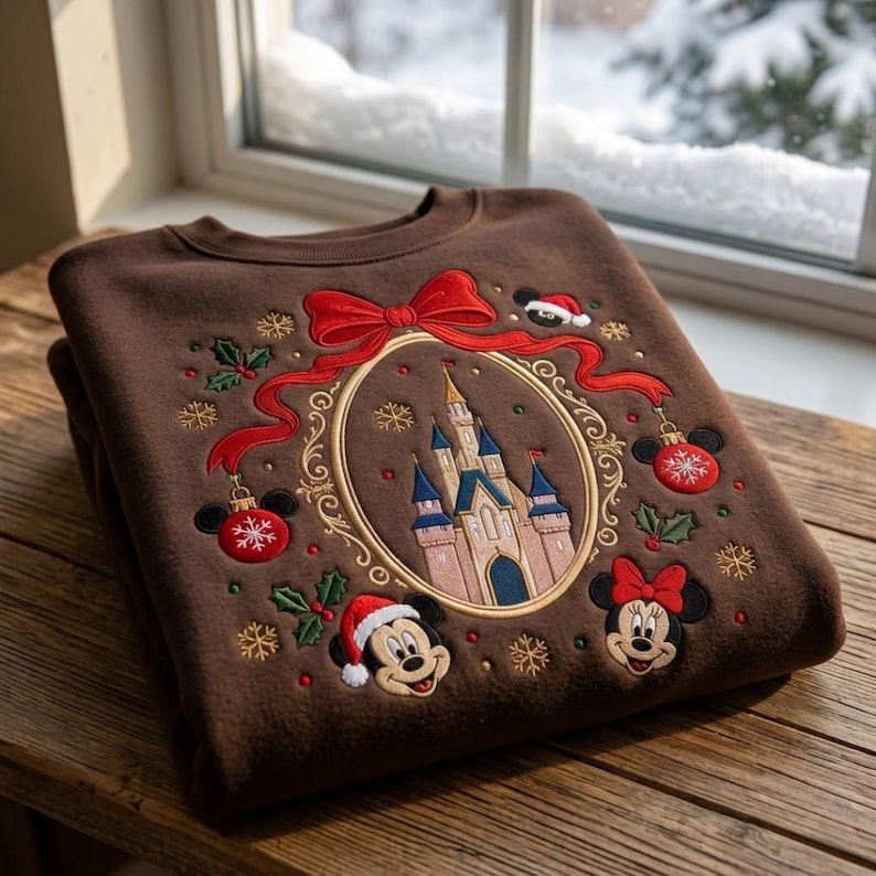 Embroidered Disney Christmas Sweatshirt, Mickey Mouse Castle Crewneck, Disney Christmas Trip Shirt, Coquette Bow Holiday Shirt, Magical Gift