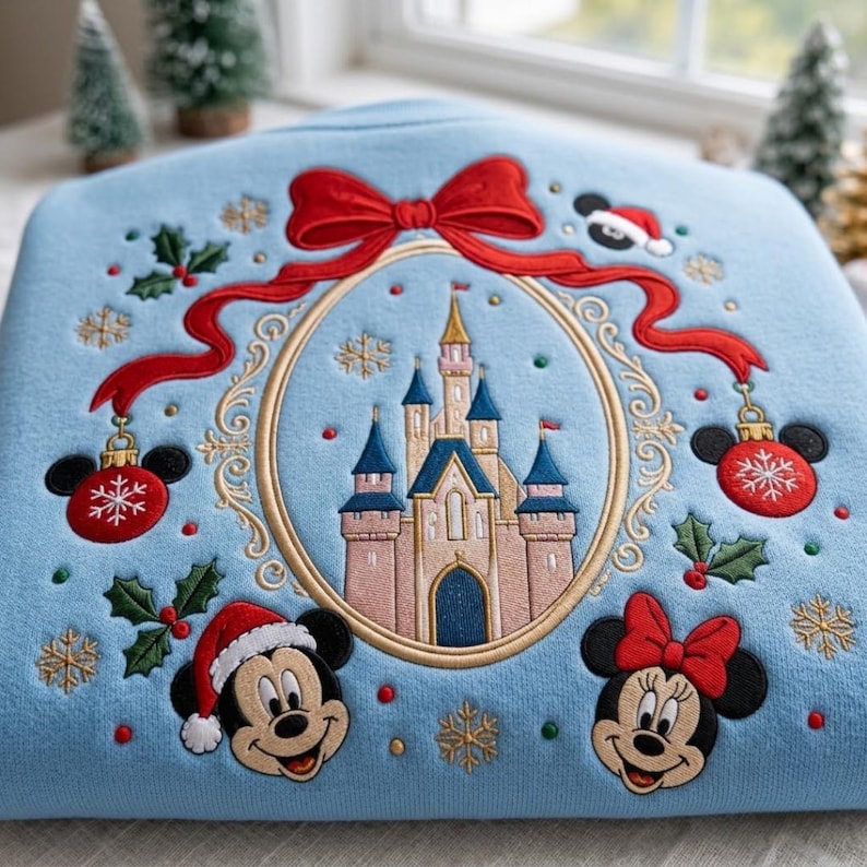 Embroidered Disney Christmas Sweatshirt, Mickey Mouse Castle Crewneck, Disney Christmas Trip Shirt, Coquette Bow Holiday Shirt, Magical Gift