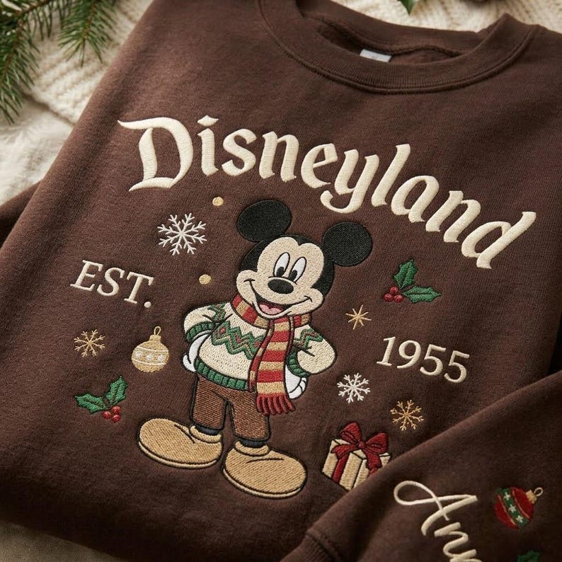 Mickey Minnie Christmas Embroidered Sweatshirt, Disneyland Holiday Crewneck, Personalized Name Sleeve, Disney Winter Vacation Gift