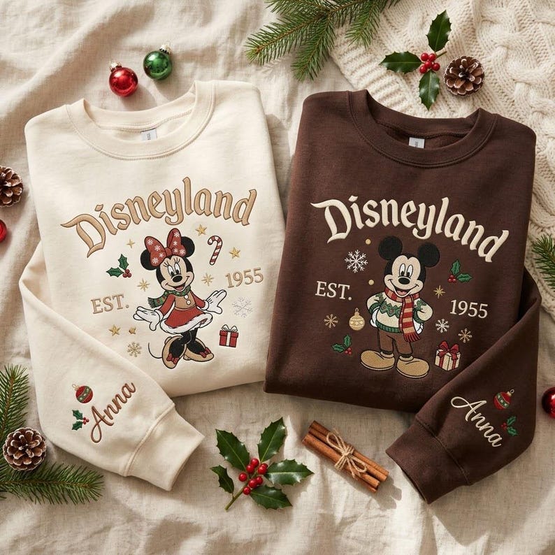 Mickey Minnie Christmas Embroidered Sweatshirt, Disneyland Holiday Crewneck, Personalized Name Sleeve, Disney Winter Vacation Gift