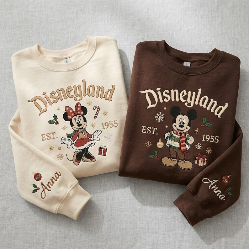 Mickey Minnie Christmas Embroidered Sweatshirt, Disneyland Holiday Crewneck, Personalized Name Sleeve, Disney Winter Vacation Gift