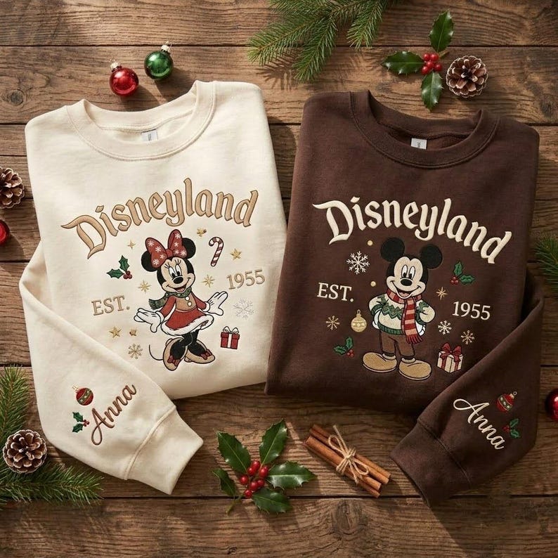 Mickey Minnie Christmas Embroidered Sweatshirt, Disneyland Holiday Crewneck, Personalized Name Sleeve, Disney Winter Vacation Gift