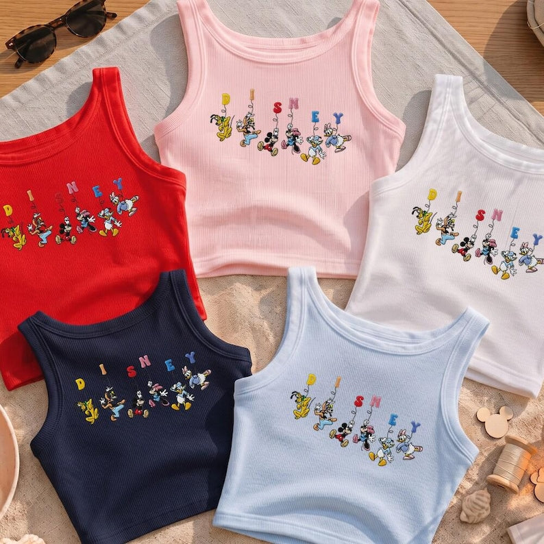 Embroidered Disney Mickey Mouse Friends Baby Tee, Disney Crop Tank Top, Toddler Kids Disneyland Shirt, Vintage Mickey Family Vacation Tee