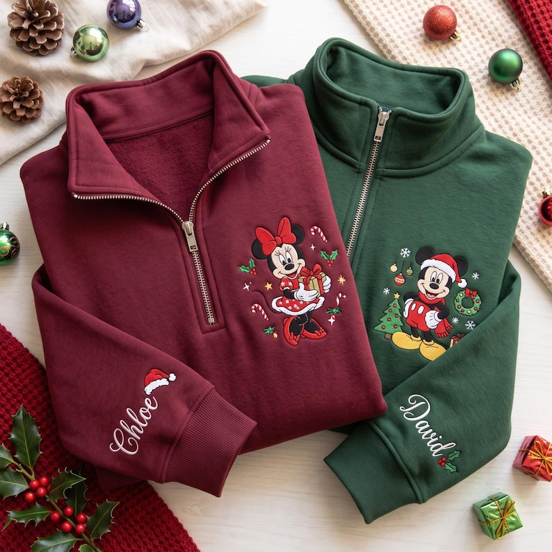 Mickey Minnie Christmas Quarter Zip Sweatshirt, Embroidered Disney Couple Pullover, Personalized Sleeve Name Christmas Gift
