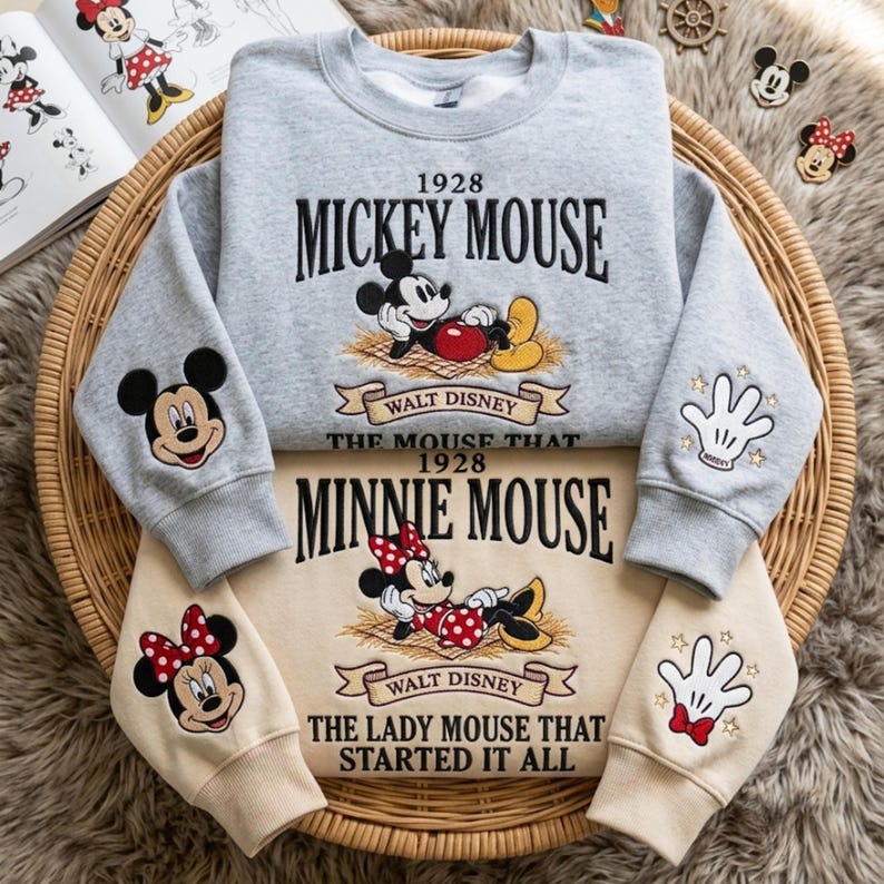 Mickey and Minnie Embroidered Shirt, Vintage Disneyland Mouse Crewneck, Cute Cartoon Shirt, Disney Couple Gift