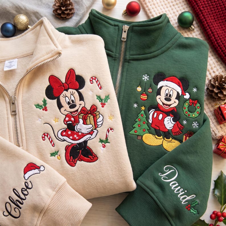 Mickey Minnie Christmas Quarter Zip Sweatshirt, Embroidered Disney Couple Pullover, Personalized Sleeve Name Christmas Gift