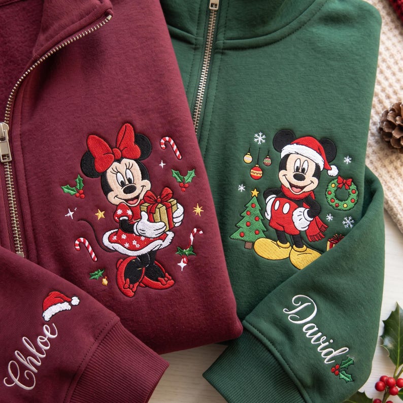 Mickey Minnie Christmas Quarter Zip Sweatshirt, Embroidered Disney Couple Pullover, Personalized Sleeve Name Christmas Gift