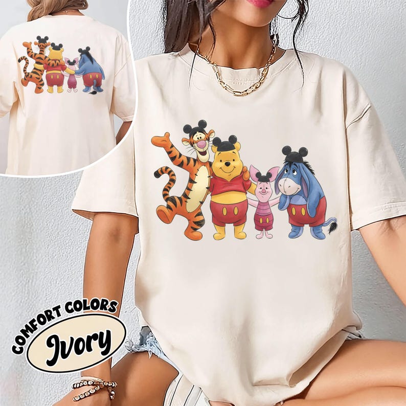 2-sided Disney Winnie the Pooh Mickey Ears Hat Comfort T-shirt, Pooh Tigger Piglet Eeyore Tee , Disneyland California Trip Tee, Pooh Tee